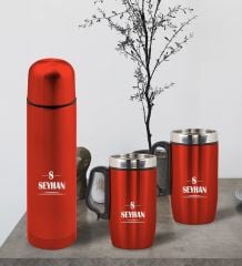 BK Gift Kişiye Özel Deri Çantalı Kırmızı Seyahat Termosu ve İkili Termos Mug Hediye Seti - 7