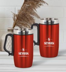 BK Gift Kişiye Özel Deri Çantalı Kırmızı Seyahat Termosu ve İkili Termos Mug Hediye Seti - 7