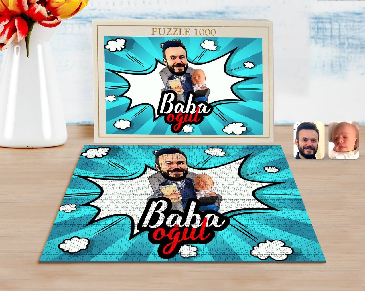 Kişiye Özel Baba Oğul Karikatürlü 1000 Parça Profesyonel Puzzle-4