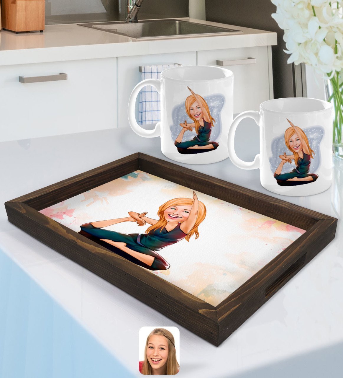Kişiye Özel Kadın Yoga Karikatürlü Doğal Ahşap Tepsi ve 2’li Kupa Bardak Seti-2