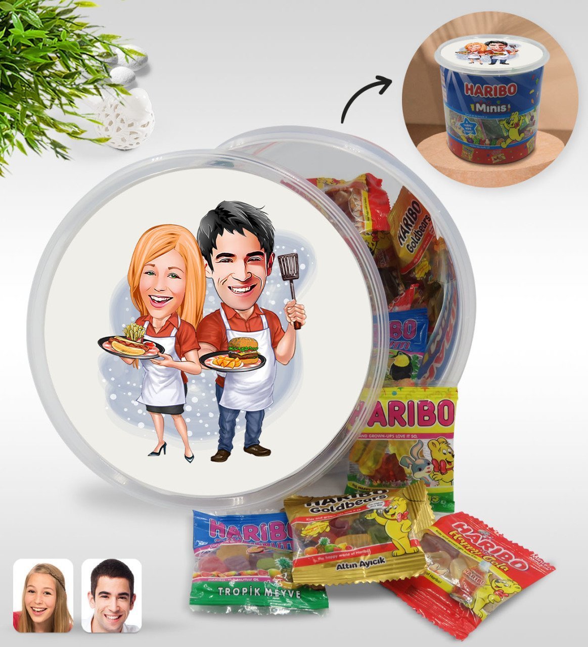Kişiye Özel Sevgililer Karikatürlü Dev Boy Haribo Minis Kovası (10gx100adet) Model 57