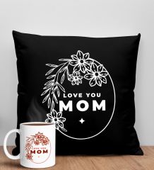 BK Gift Anneler Günü Tasarımlı Siyah Kırlent Yastık ve Kupa Seti, Anneye Hediye, Ev Dekorasyonu, Anneler Günü Hediyesi-4