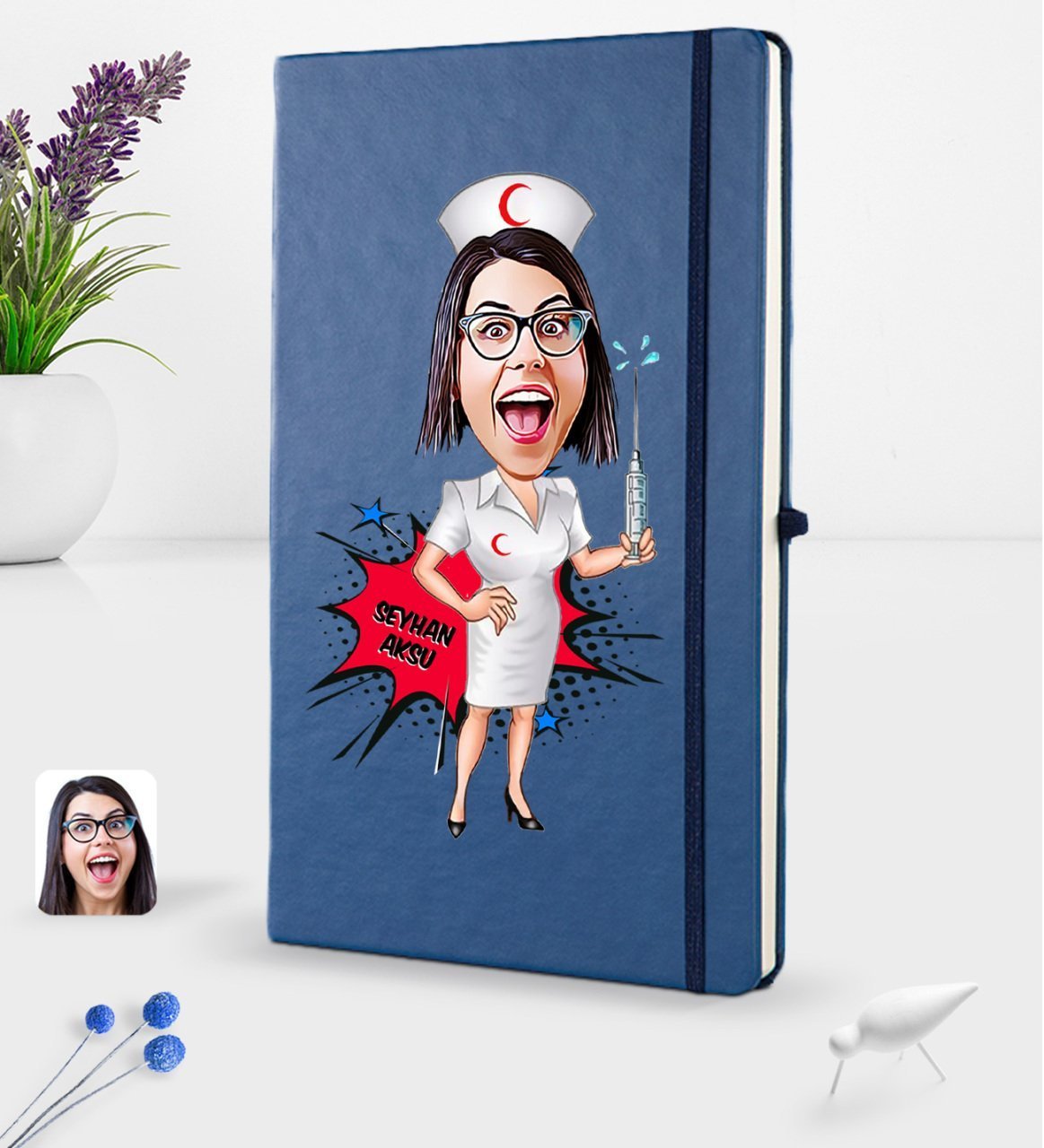 Kişiye Özel Hemşire Karikatürlü Lacivert Termo Deri Defter 16x24cm Model 1