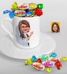 Kişiye Özel Kız Çocuk Karikatürlü Türk Kahvesi Fincanı ve Haribo Şeker Hediye Seti-1