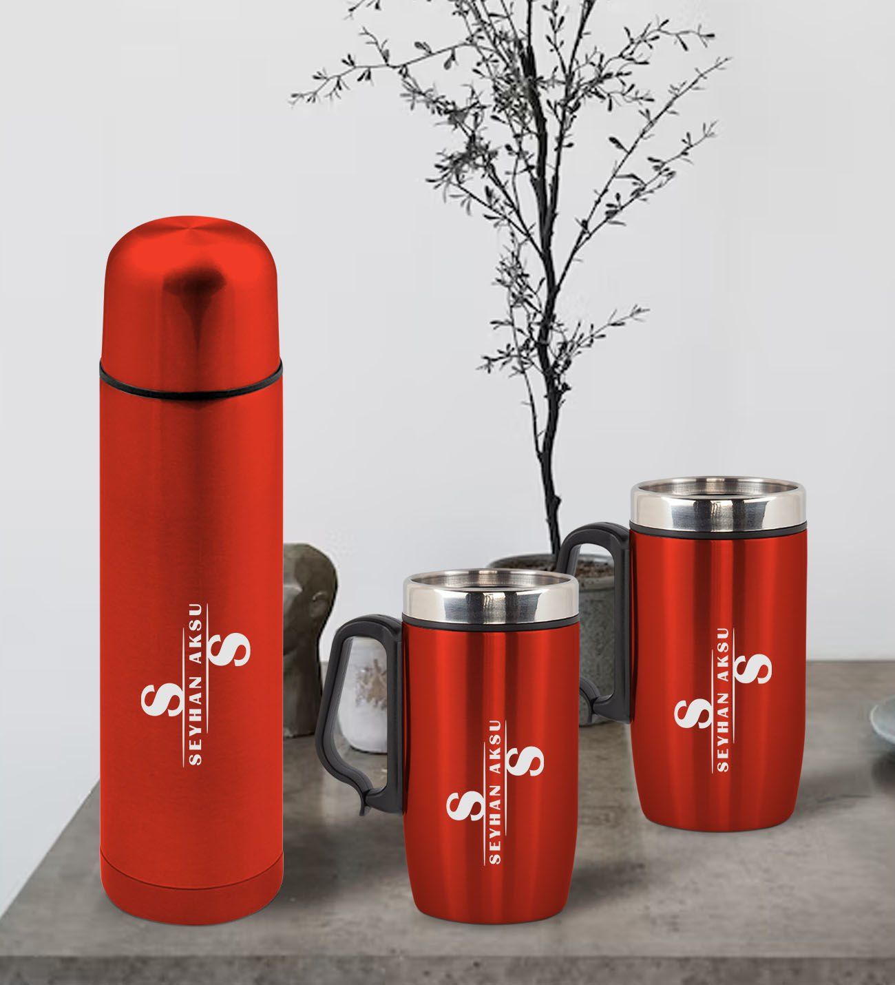 BK Gift Kişiye Özel Deri Çantalı Kırmızı Seyahat Termosu ve İkili Termos Mug Hediye Seti - 6