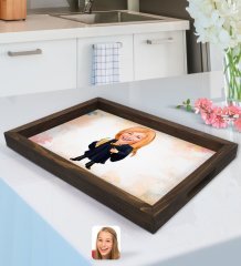 Kişiye Özel Kadın Hakim Karikatürlü Doğal Ahşap Tepsi