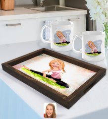 Kişiye Özel Kadın Yoga Karikatürlü Doğal Ahşap Tepsi ve 2’li Kupa Bardak Seti-1