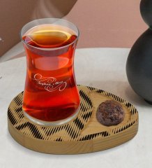 Kişiye Özel Modern Art Tasarımlı Doğal Ahşap Tabaklı Heybeli Çay Bardağı Sunum Seti Model 17