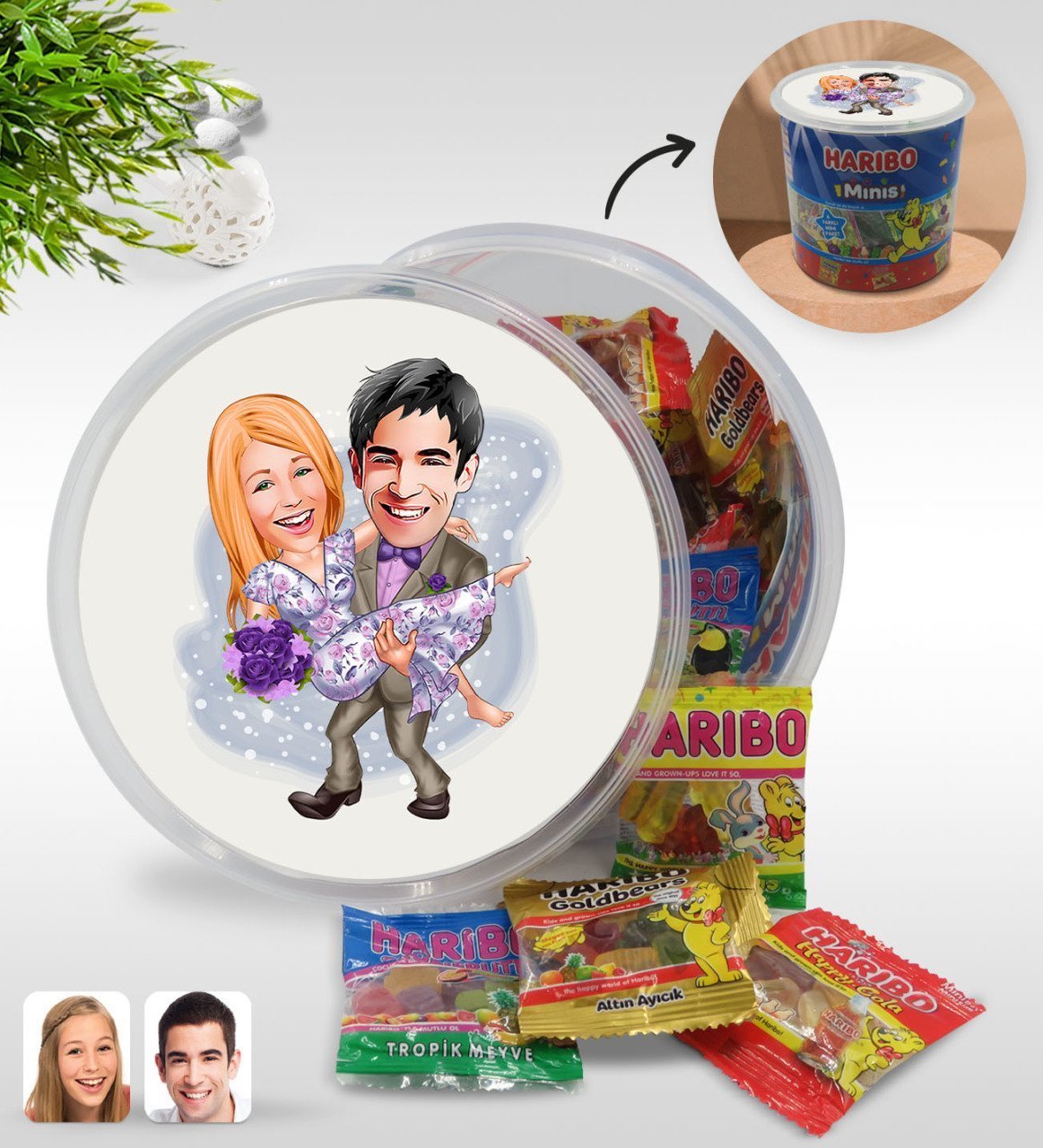 Kişiye Özel Sevgililer Karikatürlü Dev Boy Haribo Minis Kovası (10gx100adet) Model 56