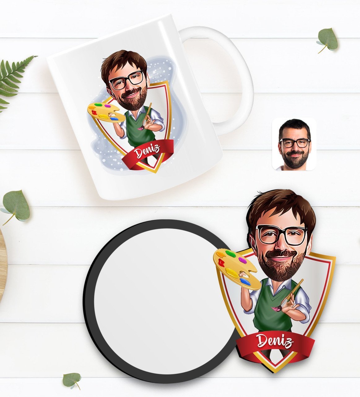 Kişiye Özel Erkek Ressam Karikatürlü Beyaz Kupa ve Ahşap Bardak Altlığı Hediye Seti-1