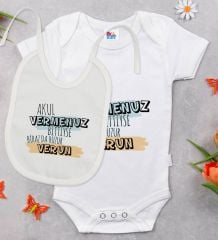 BK Kids Akul Vermenuz Bittiyse Tasarımlı Beyaz Bebek Body Zıbın ve Mama Önlüğü Hediye Seti-1
