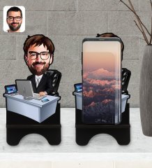 Kişiye Özel Erkek Genel Müdür Karikatürlü Ahşap Biblo Telefon Standı-1