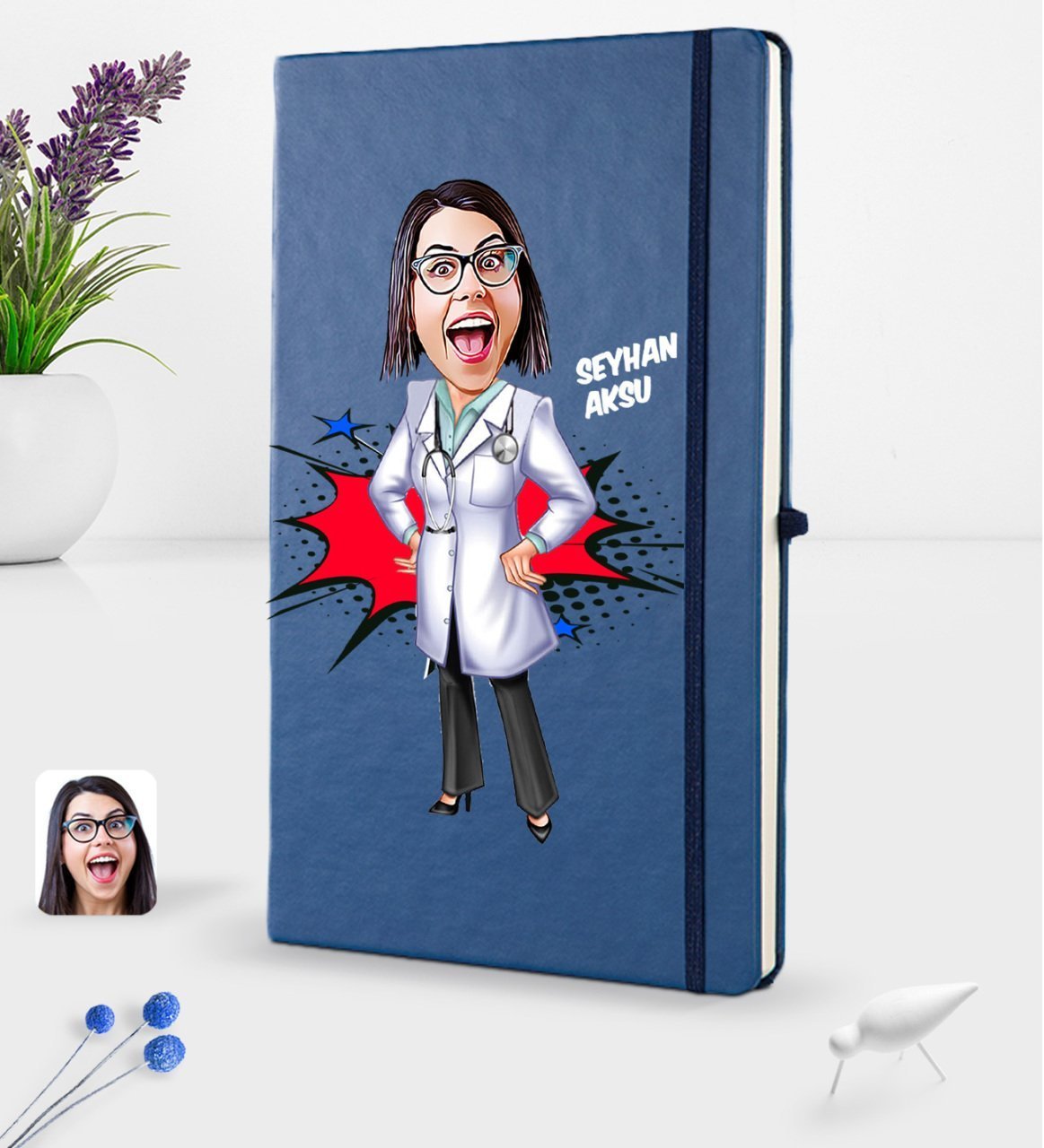 Kişiye Özel Kadın Doktor Karikatürlü Lacivert Termo Deri Defter 16x24cm Model 1