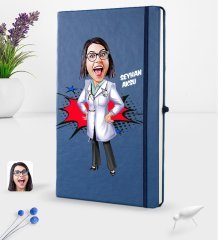 Kişiye Özel Kadın Doktor Karikatürlü Lacivert Termo Deri Defter 16x24cm Model 1