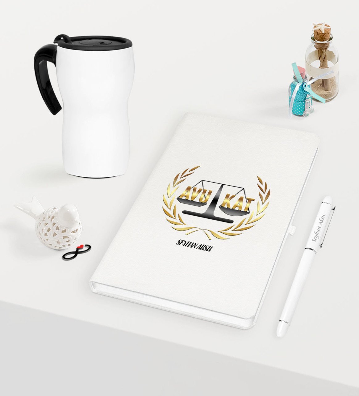 Kişiye Özel Avukat Temalı Beyaz Defter Kalem ve Termos Mug Seti  - 1