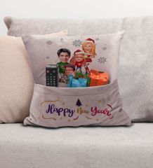 BK Gift Kişiye Özel Yılbaşı Karikatür Tasarımlı Organizer Kumanda ve Atıştırmalık Cepli Pembe Kırlent Yastık- 5, Yılbaşı Hediyesi, Yeni Yıl Hediyeleri