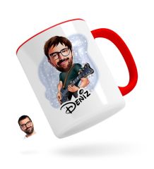 Kişiye Özel Erkek Gitarist Karikatürlü Kırmızı Kupa Bardak-1
