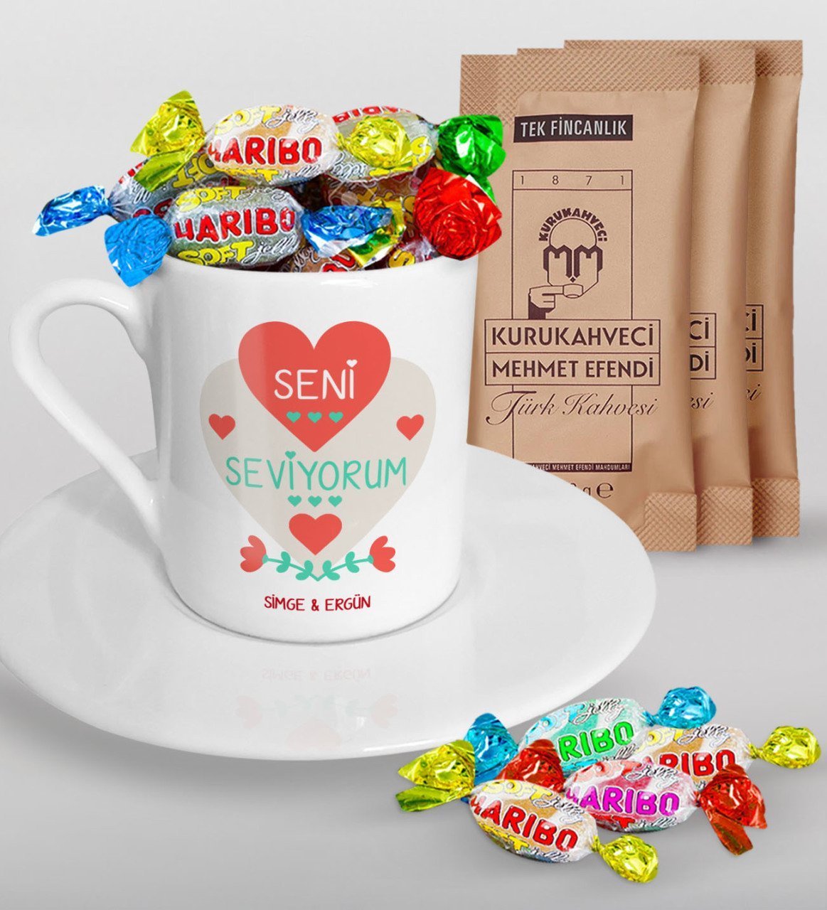 Kişiye Özel Sevgililer Günü Türk Kahvesi Fincanı Mehmet Efendi Kahve ve Haribo Şeker Hediye Seti-57