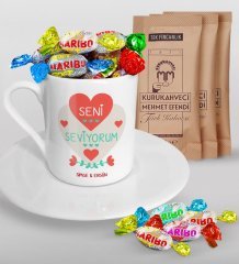 Kişiye Özel Sevgililer Günü Türk Kahvesi Fincanı Mehmet Efendi Kahve ve Haribo Şeker Hediye Seti-57