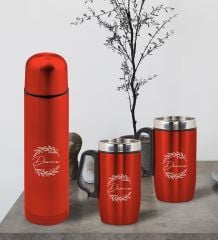 BK Gift Kişiye Özel Deri Çantalı Kırmızı Seyahat Termosu ve İkili Termos Mug Hediye Seti - 5
