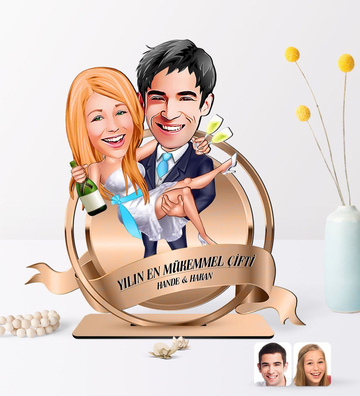 Kişiye Özel Yılın En Mükemmel Çifti Karikatürlü 3D Ahşap Biblo Plaket-69