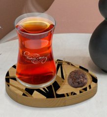 Kişiye Özel Modern Art Tasarımlı Doğal Ahşap Tabaklı Heybeli Çay Bardağı Sunum Seti Model 16
