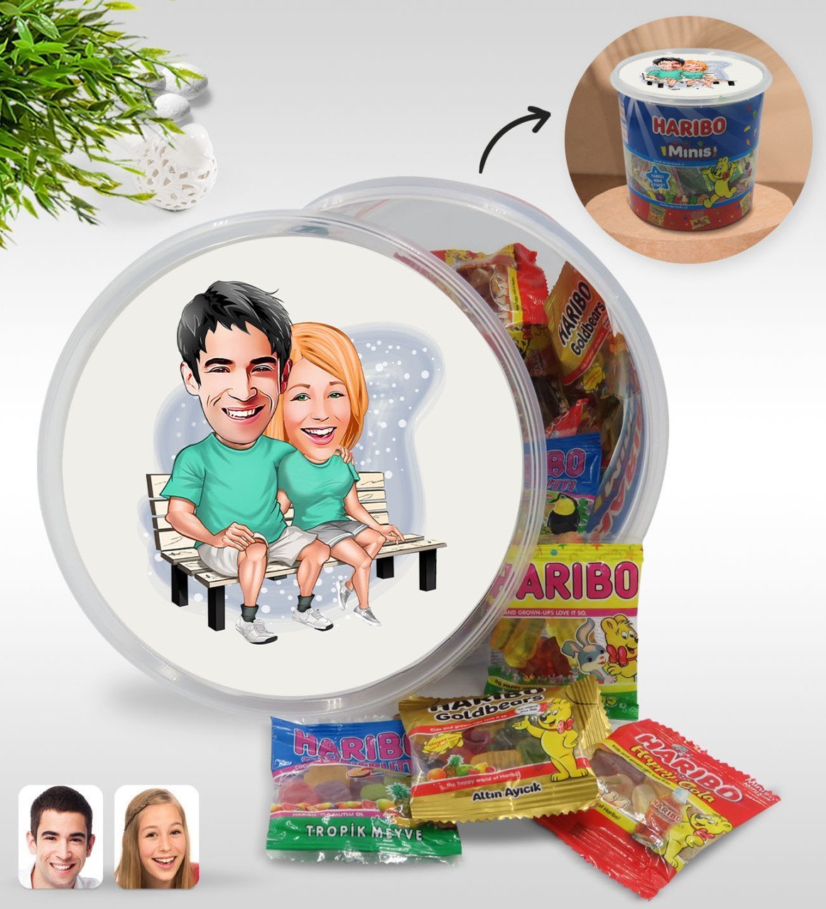 Kişiye Özel Sevgililer Karikatürlü Dev Boy Haribo Minis Kovası (10gx100adet) Model 55
