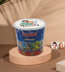 Kişiye Özel Sevgililer Karikatürlü Dev Boy Haribo Minis Kovası (10gx100adet) Model 55