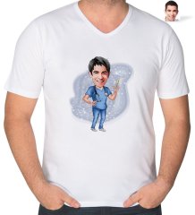 Kişiye Özel Erkek Doktor Karikatürlü V Yaka Tişört-3