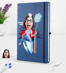 Kişiye Özel Kadın Diş Hekimi Karikatürlü Lacivert Termo Deri Defter 16x24cm Model 3