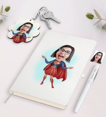 Kişiye Özel Süper Anne Karikatürlü Beyaz Defter Kalem ve Anahtarlık Hediye Seti