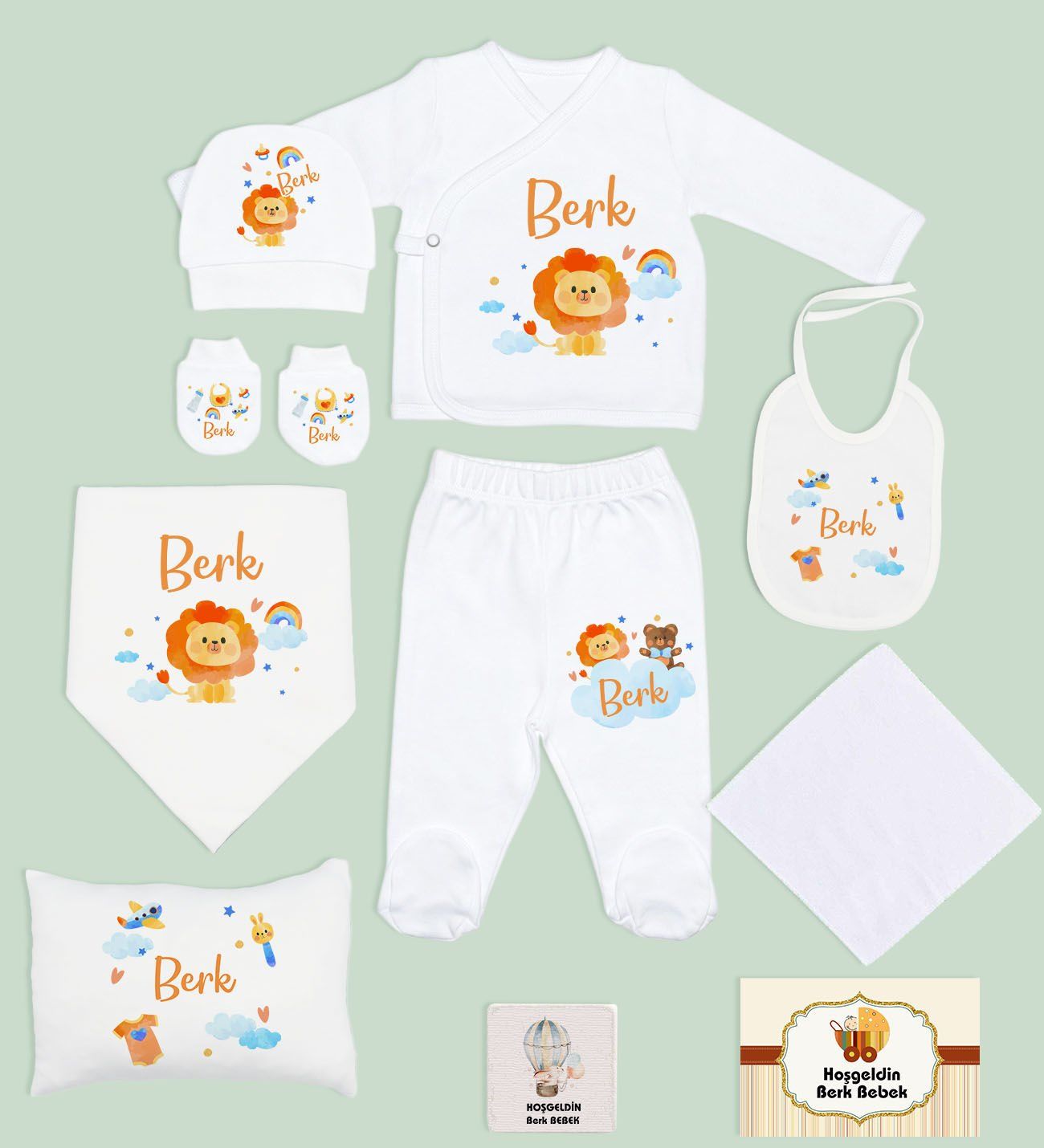 BK Kids Kişiye Özel 10 Parça Beyaz Hastane Çıkışı Battaniye ve Yastık Hediye Seti, Yeni Doğan Bebek Giyim Hediyesi-10