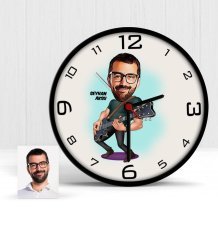 Kişiye Özel Gitarist Karikatür Ahşap Duvar Saati - 1