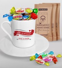 Kişiye Özel Sevgililer Günü Türk Kahvesi Fincanı Mehmet Efendi Kahve ve Haribo Şeker Hediye Seti-56