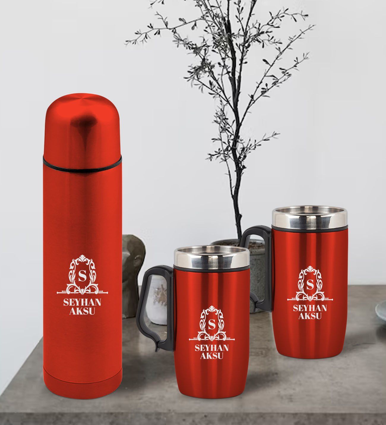 BK Gift Kişiye Özel Deri Çantalı Kırmızı Seyahat Termosu ve İkili Termos Mug Hediye Seti - 4
