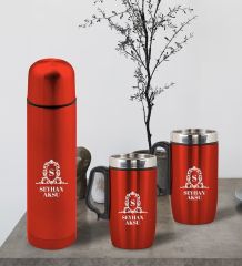 BK Gift Kişiye Özel Deri Çantalı Kırmızı Seyahat Termosu ve İkili Termos Mug Hediye Seti - 4
