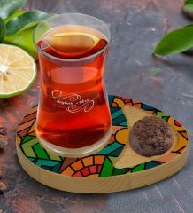 Kişiye Özel Modern Art Tasarımlı Doğal Ahşap Tabaklı Heybeli Çay Bardağı Sunum Seti Model 15