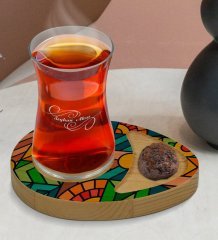Kişiye Özel Modern Art Tasarımlı Doğal Ahşap Tabaklı Heybeli Çay Bardağı Sunum Seti Model 15