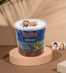 Kişiye Özel Sevgililer Karikatürlü Dev Boy Haribo Minis Kovası (10gx100adet) Model 54