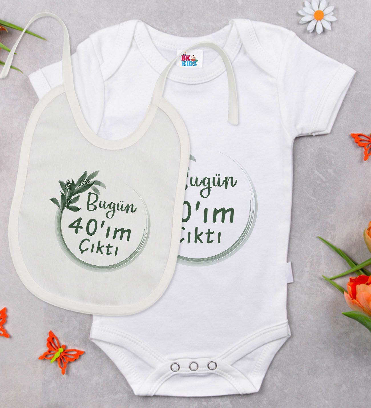 BK Kids 40'ım Çıktı Tasarımlı Beyaz Bebek Body Zıbın ve Mama Önlüğü Hediye Seti-1