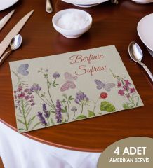 BK Gift Kişiye Özel Çiçek Tasarımlı 4’li Keten Amerikan Servis Seti-11, Ev Hediyesi,Baskılı Servis Bezi, Mutfak Dekoru