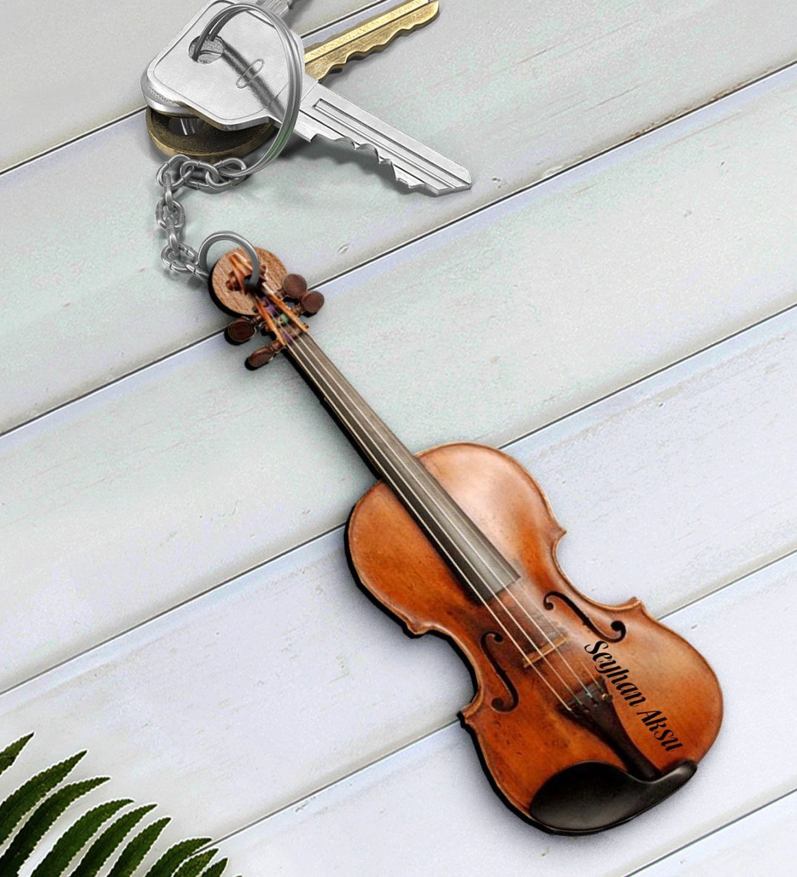 Kişiye Özel İsimli Keman Violin Enstrüman Ahşap Anahtarlık-1