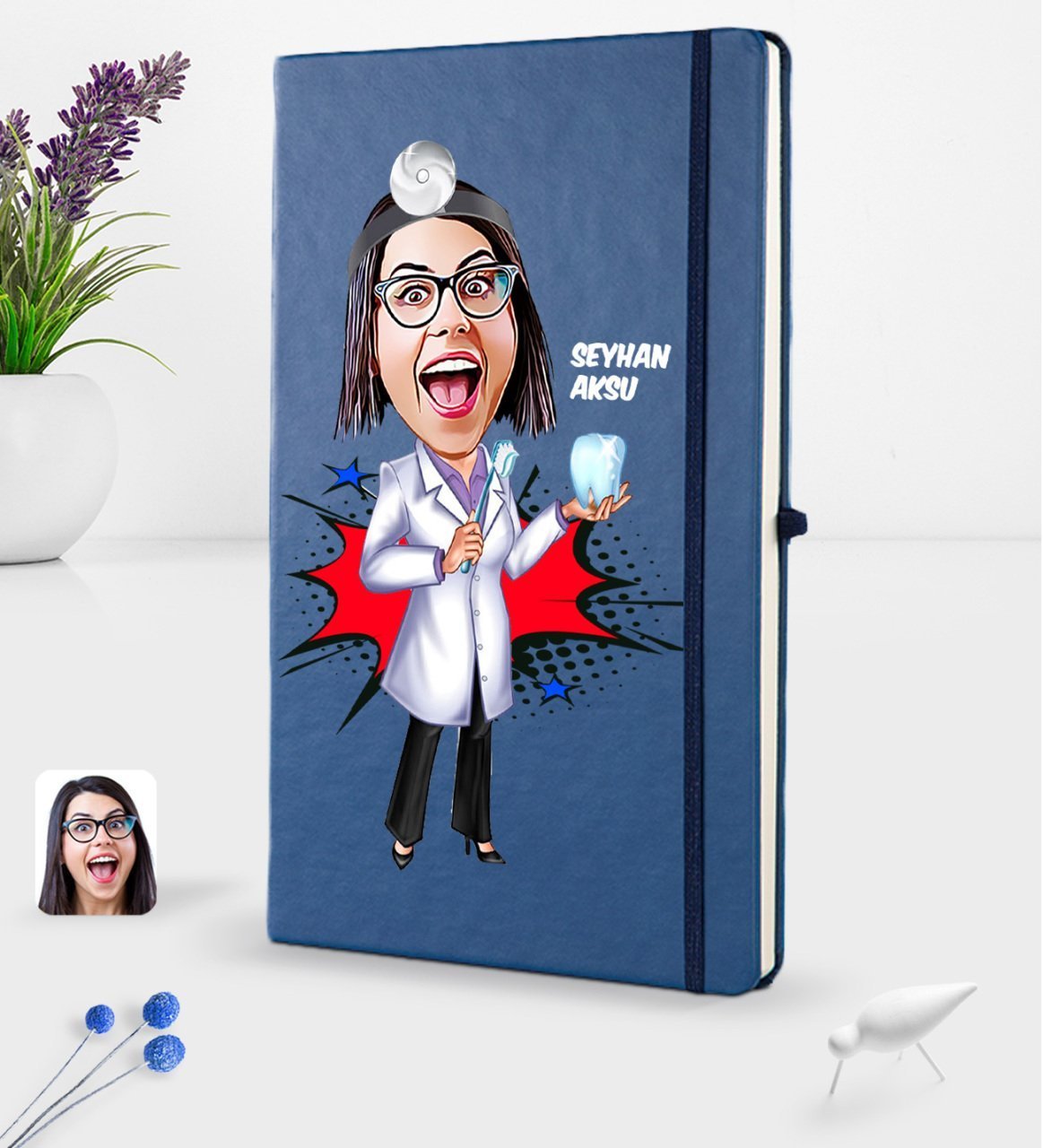 Kişiye Özel Kadın Diş Hekimi Karikatürlü Lacivert Termo Deri Defter 16x24cm Model 2