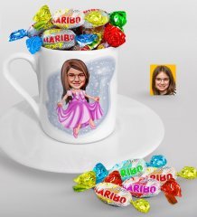 Kişiye Özel Kız Çocuk Prenses Karikatürlü Türk Kahvesi Fincanı ve Haribo Şeker Hediye Seti-1
