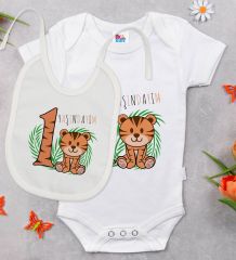 BK Kids 1 Yaşındayım Tasarımlı Beyaz Bebek Body Zıbın ve Mama Önlüğü Hediye Seti-2