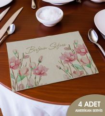 BK Gift Kişiye Özel Çiçek Tasarımlı 4’li Keten Amerikan Servis Seti-10, Ev Hediyesi,Baskılı Servis Bezi, Mutfak Dekoru