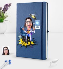 Kişiye Özel Kadın Diş Hekimi Karikatürlü Lacivert Termo Deri Defter 16x24cm Model 1