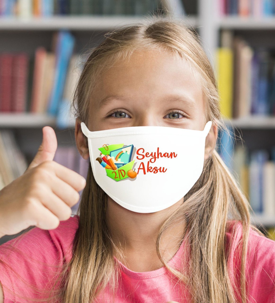 Çocuklara Özel İsimli Sınıflı Yıkanabilir Beyaz Okul Maskesi-2