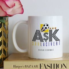 Kişiye Özel Aşk Sarı Lacivert Beyaz Kupa Bardak