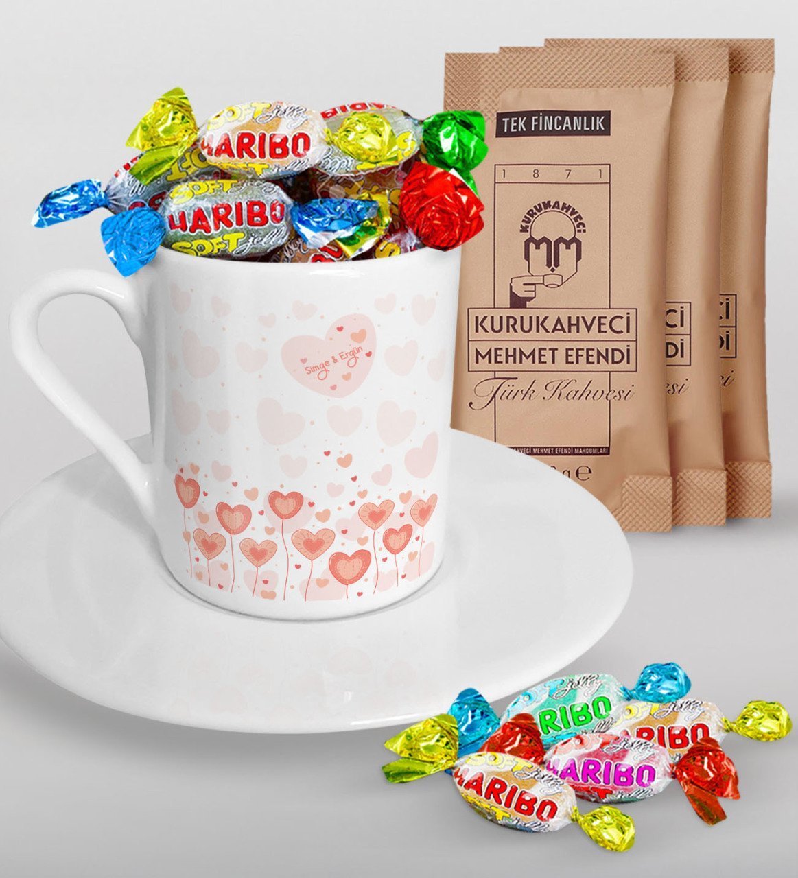 Kişiye Özel Sevgililer Günü Türk Kahvesi Fincanı Mehmet Efendi Kahve ve Haribo Şeker Hediye Seti-54